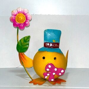 UNK Little Metal Yellow Bird with Top Hat and Flower & Big Pink Bow 6x6”